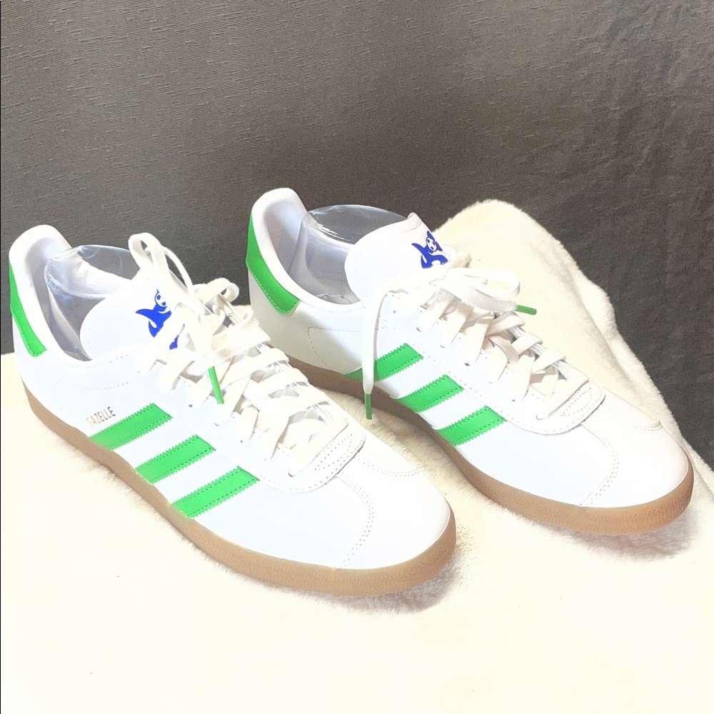 adidas Seattle Gazelle White Sneakers with Green Stripes and Gum Outsole